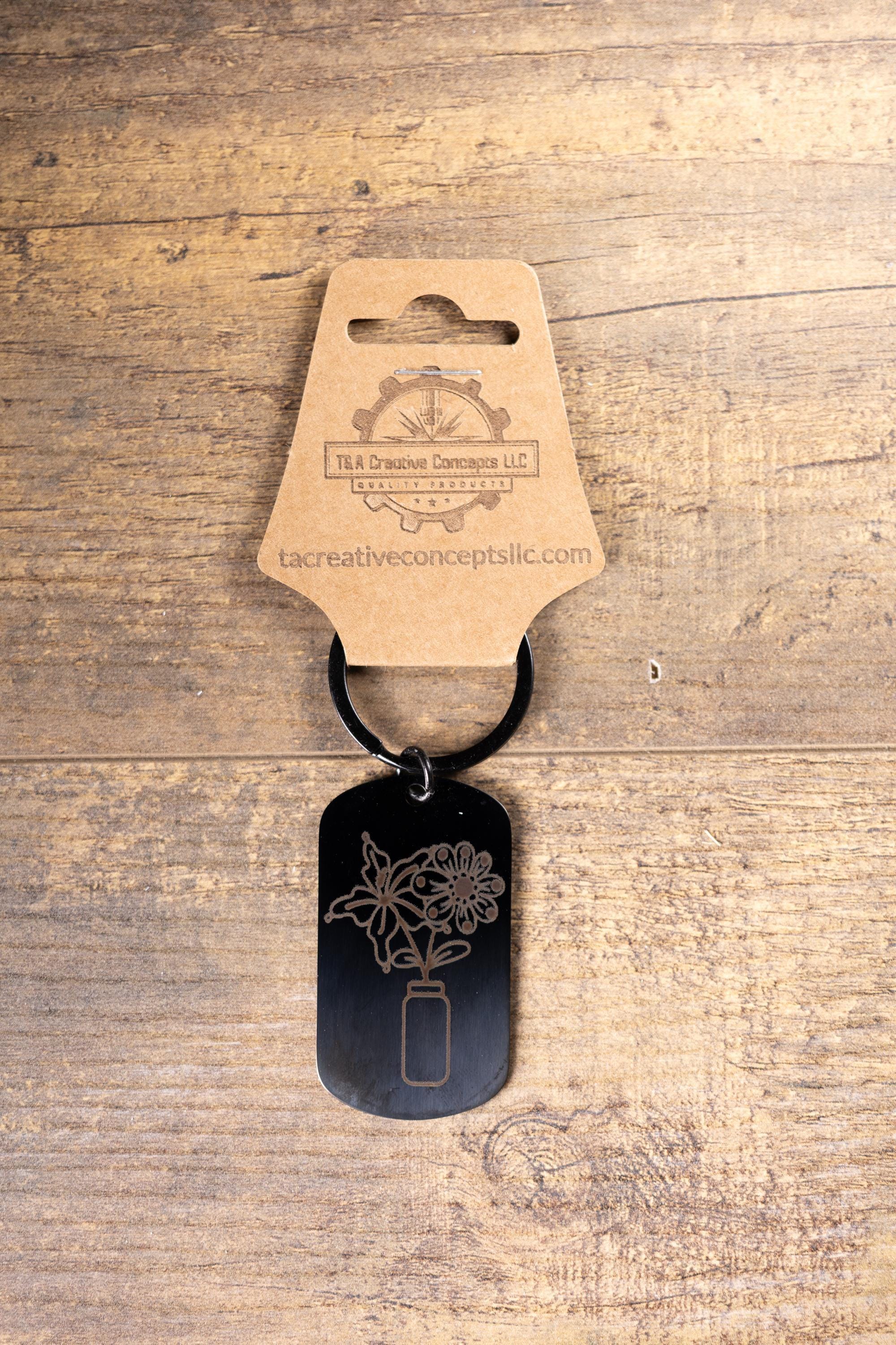 Floral Vase Keychain - Black Steel Durable Keepsake with Laser Engraved Charm