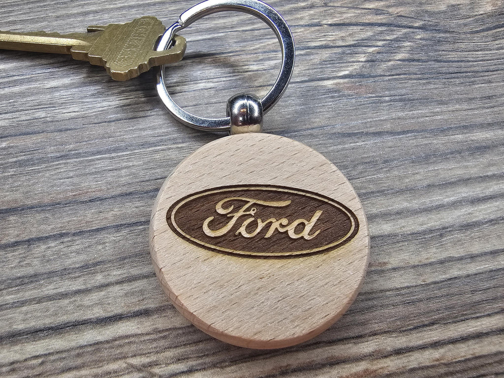 Ford Keychain - Double-Sided Engraved Hardwood With Stainless Steel Ring