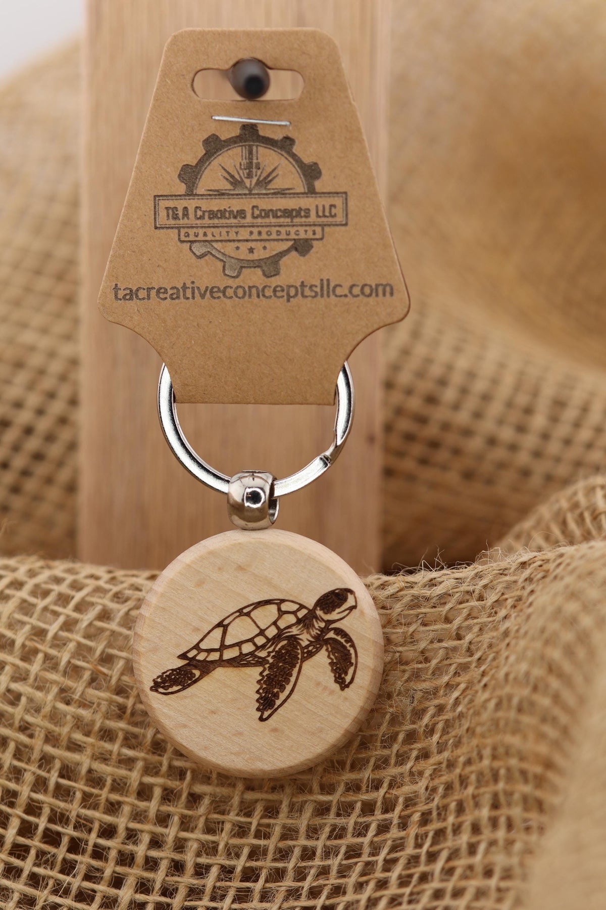 Sea Turtle Keychain – Double Sided Hardwood Charm with Rust Resistant Ring
