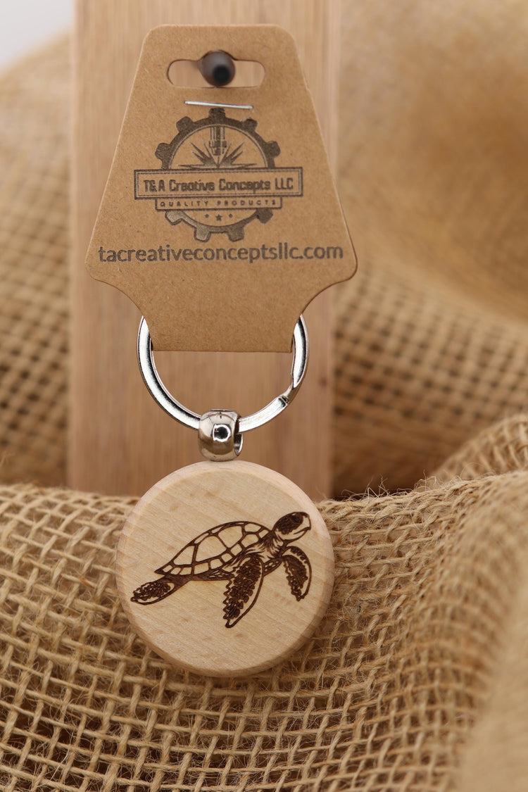 Sea Turtle Keychain – Double Sided Hardwood Charm with Rust Resistant Ring