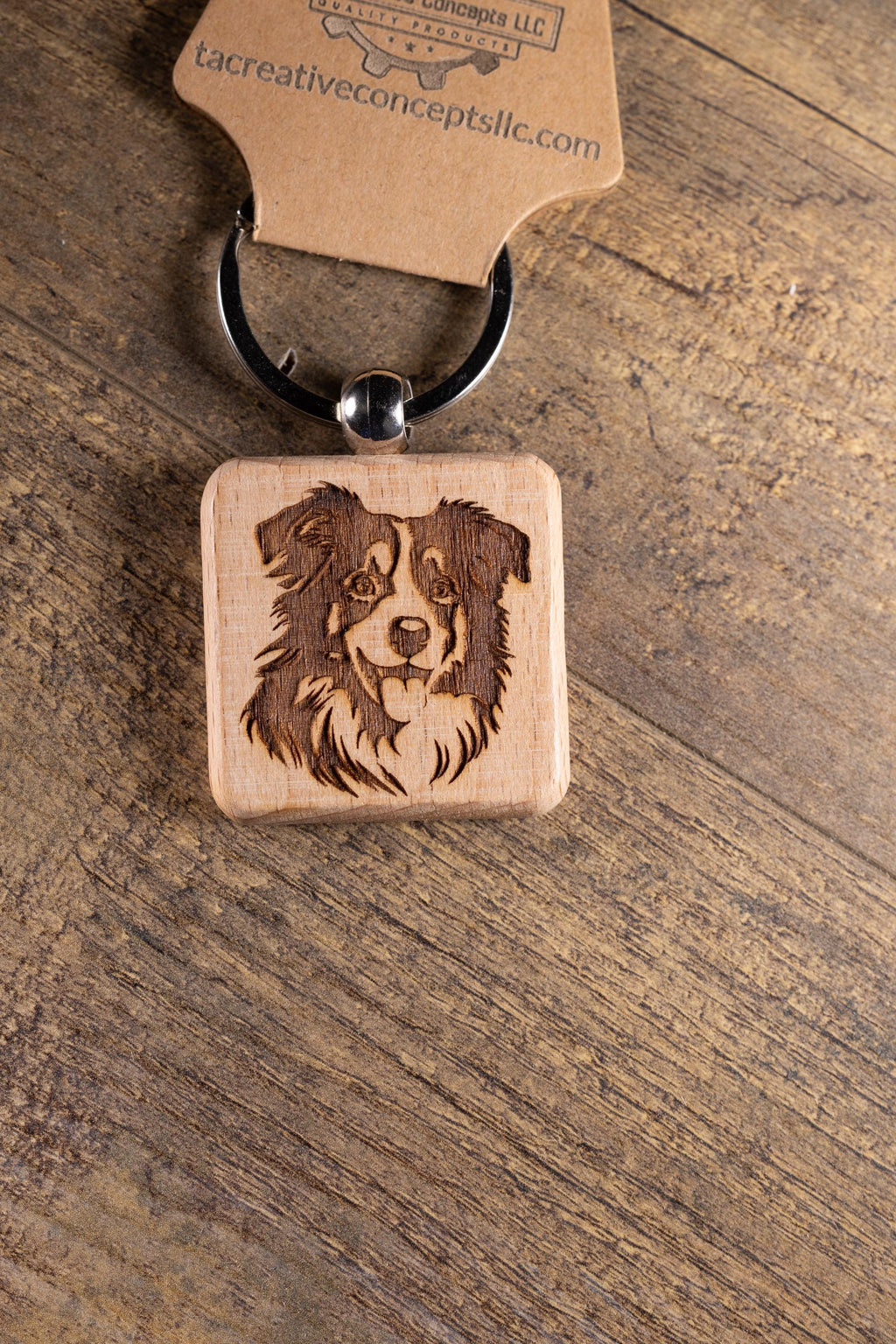Australian Shepherd Keychain - Laser Engraved Wood Charm With Durable Stainless Steel Ring