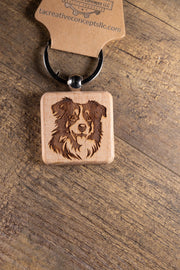 Australian Shepherd Keychain - Laser Engraved Wood Charm With Durable Stainless Steel Ring