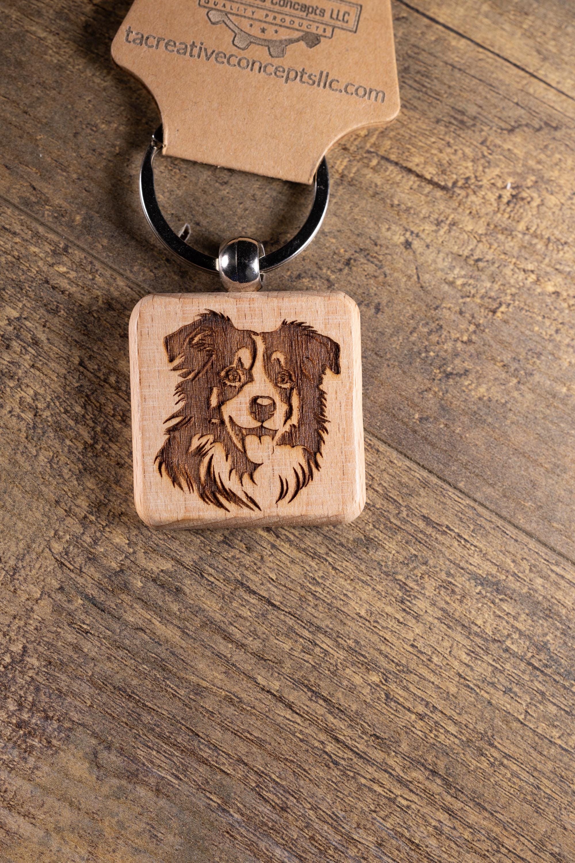 Australian Shepherd Keychain - Laser Engraved Wood Charm With Durable Stainless Steel Ring
