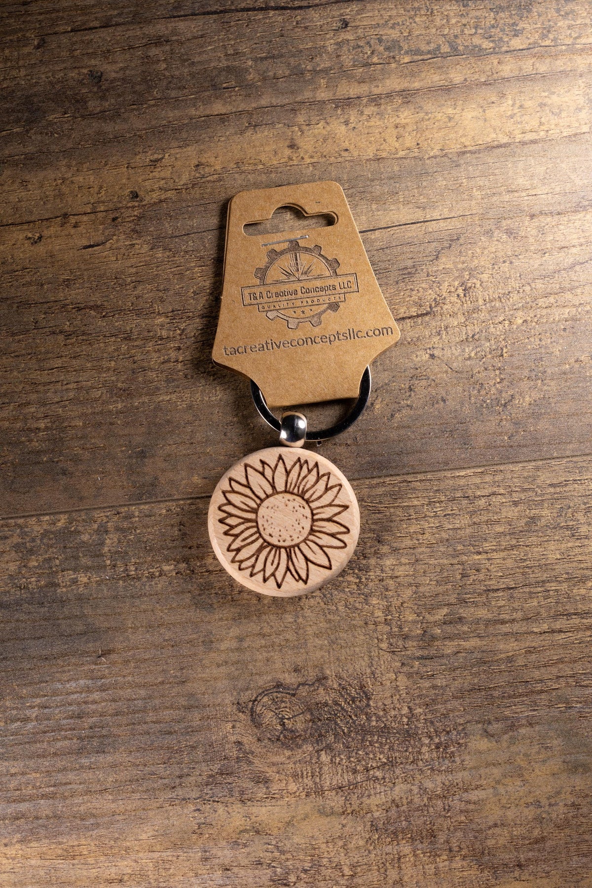 Sunflower Keychain – Laser Engraved Wood Hardwood Accessory with Stainless Steel Hardware