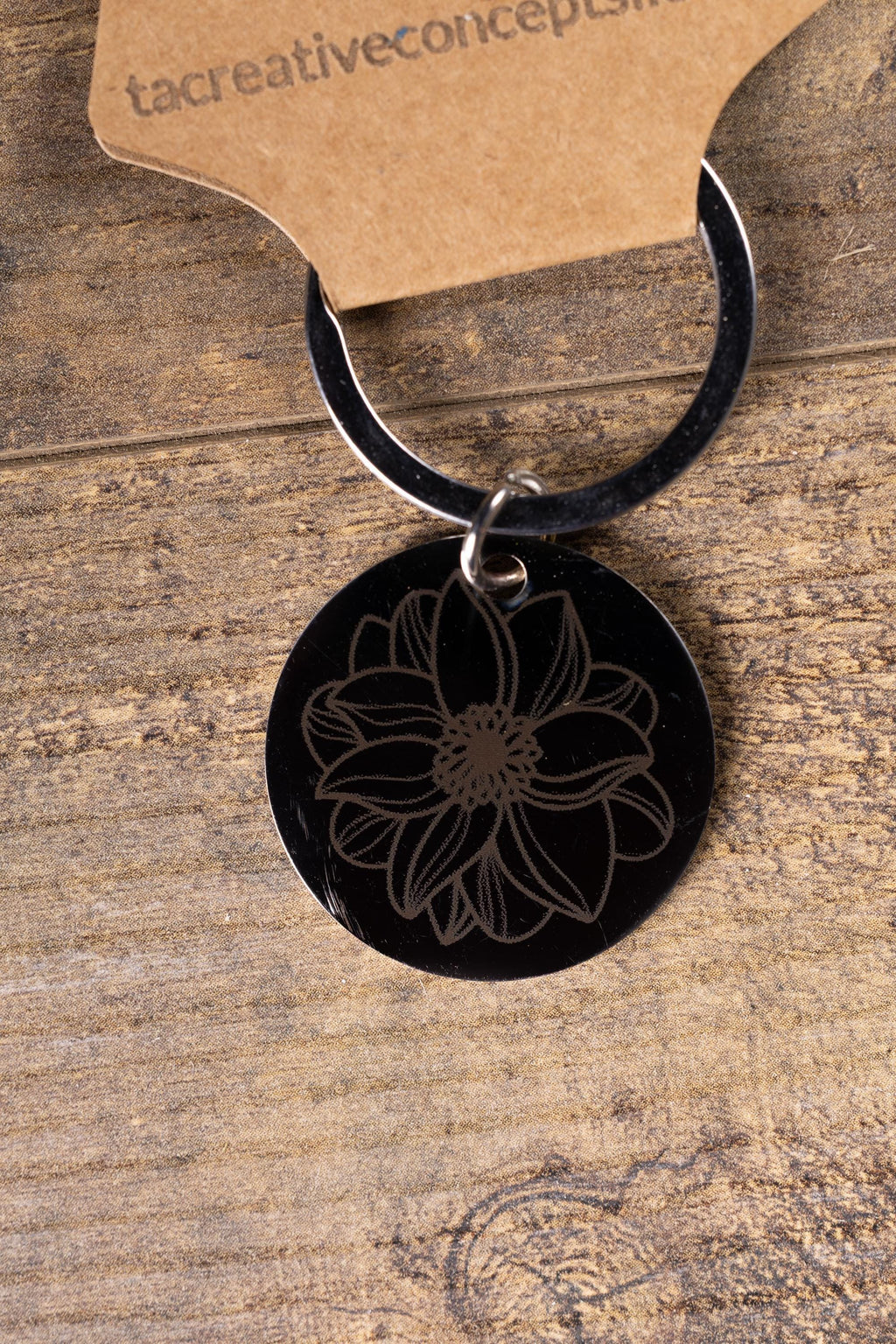 Mandala Flower Keychain – Black Stainless Steel, Double-Sided Engraved Charm