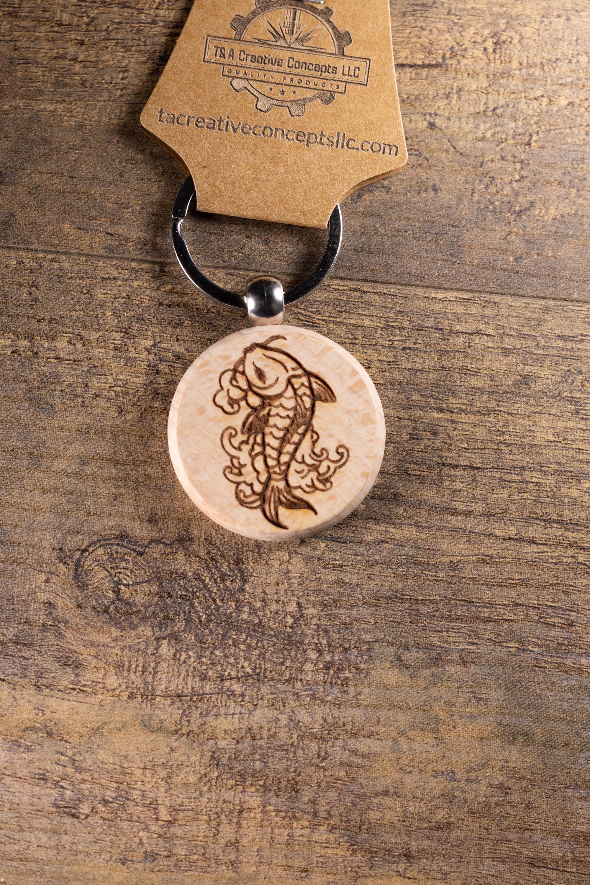 Koi Fish Keychain – Laser Engraved Hardwood With Stainless Steel Ring, Natural Finish