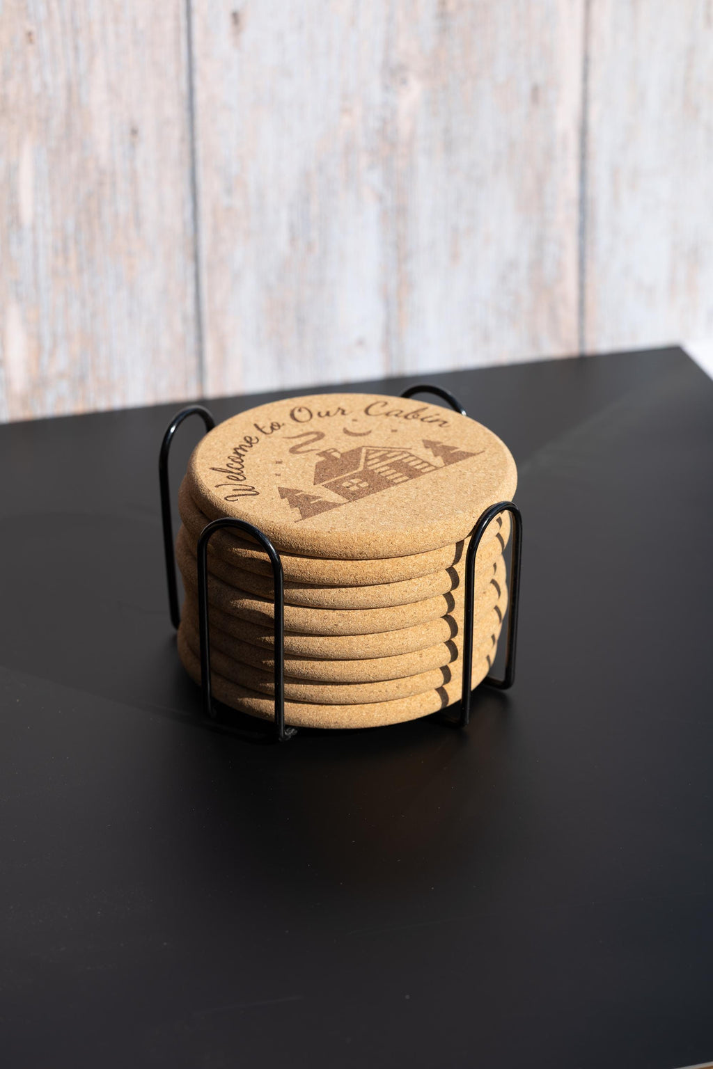 Rustic Cork Coasters - Welcome Cabin Coaster Set of 8 with Holder | Engraved Drink Mats