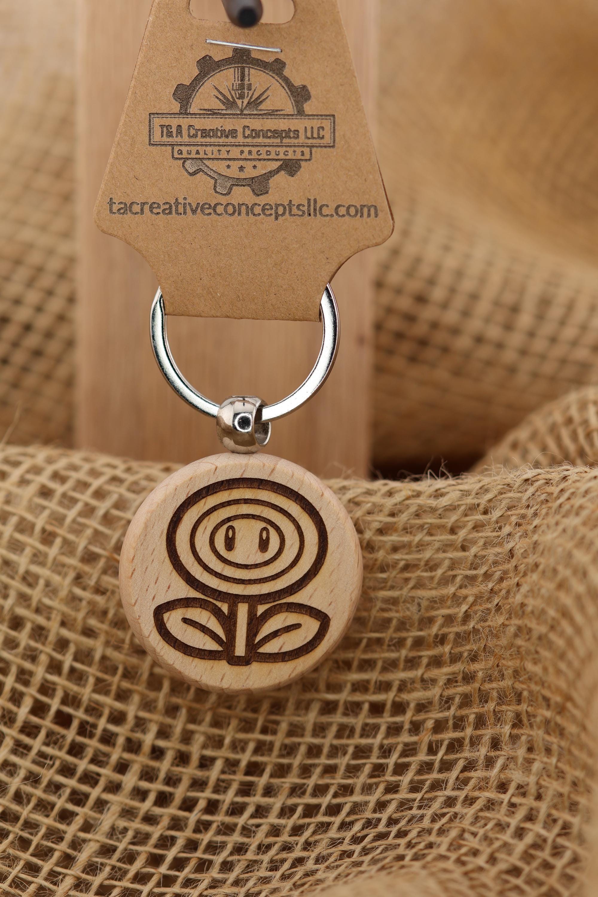 Firepower Flower Keychain - Laser Engraved Hardwood Gaming Accessory with Stainless Steel Ring