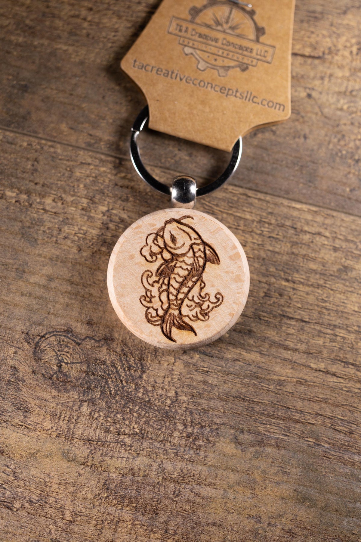 Koi Fish Keychain – Laser Engraved Hardwood With Stainless Steel Ring, Natural Finish