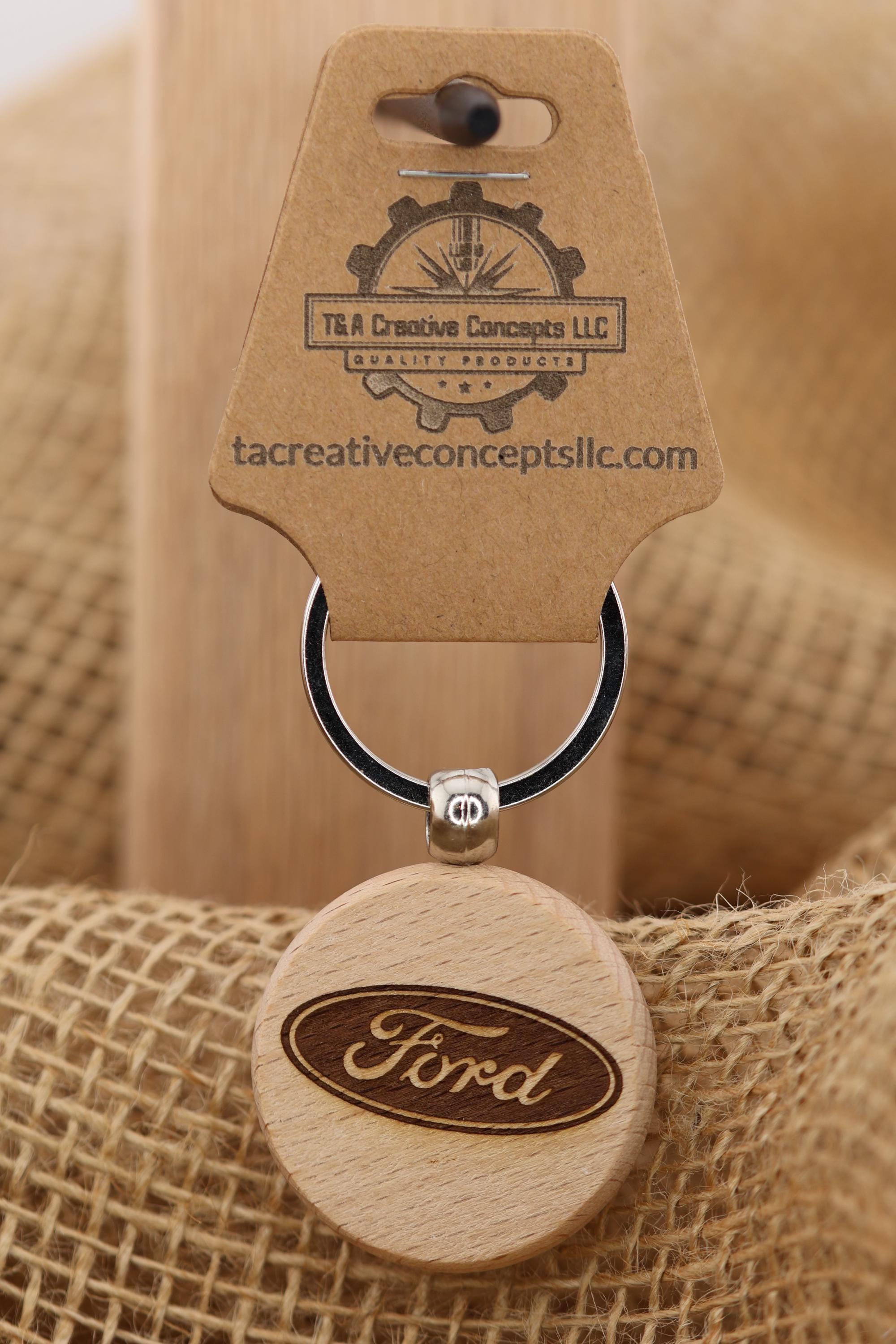 Ford Keychain - Double-Sided Engraved Hardwood With Stainless Steel Ring