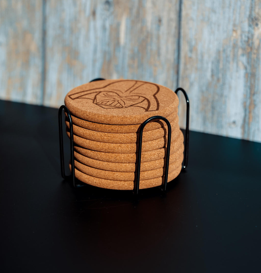 Darth Vader Coasters – Star Wars Drink Mats | Laser Engraved Cork Set with Holder
