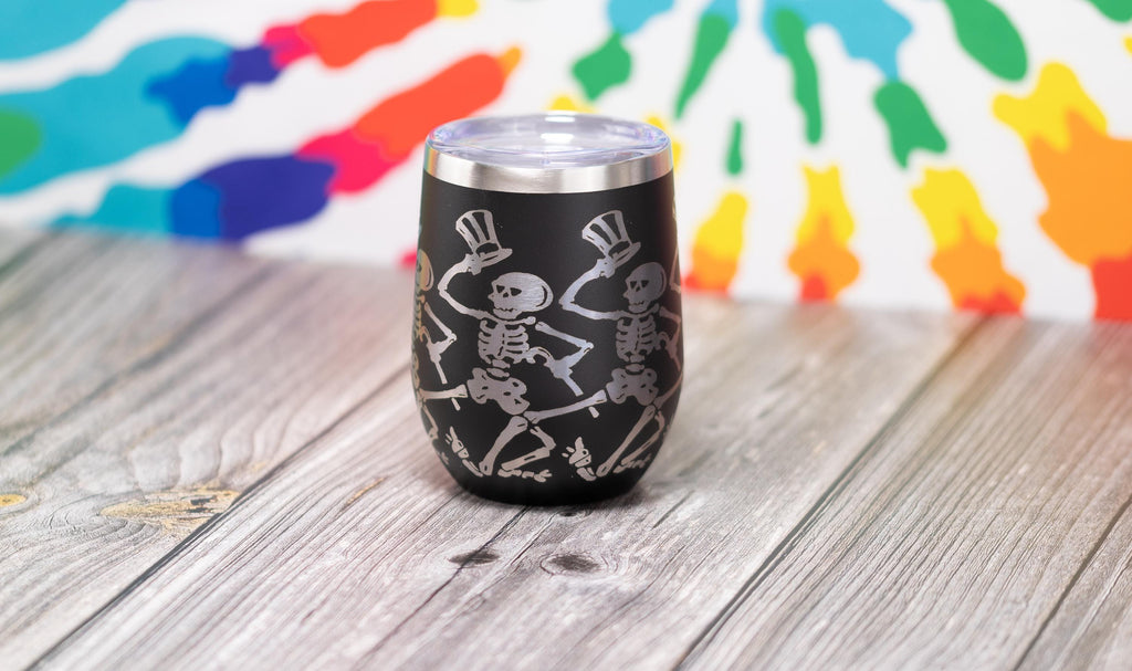 Dancing Skeleton Wine Tumbler - Laser Engraved, Double Wall Vacuum Cup, Custom Color