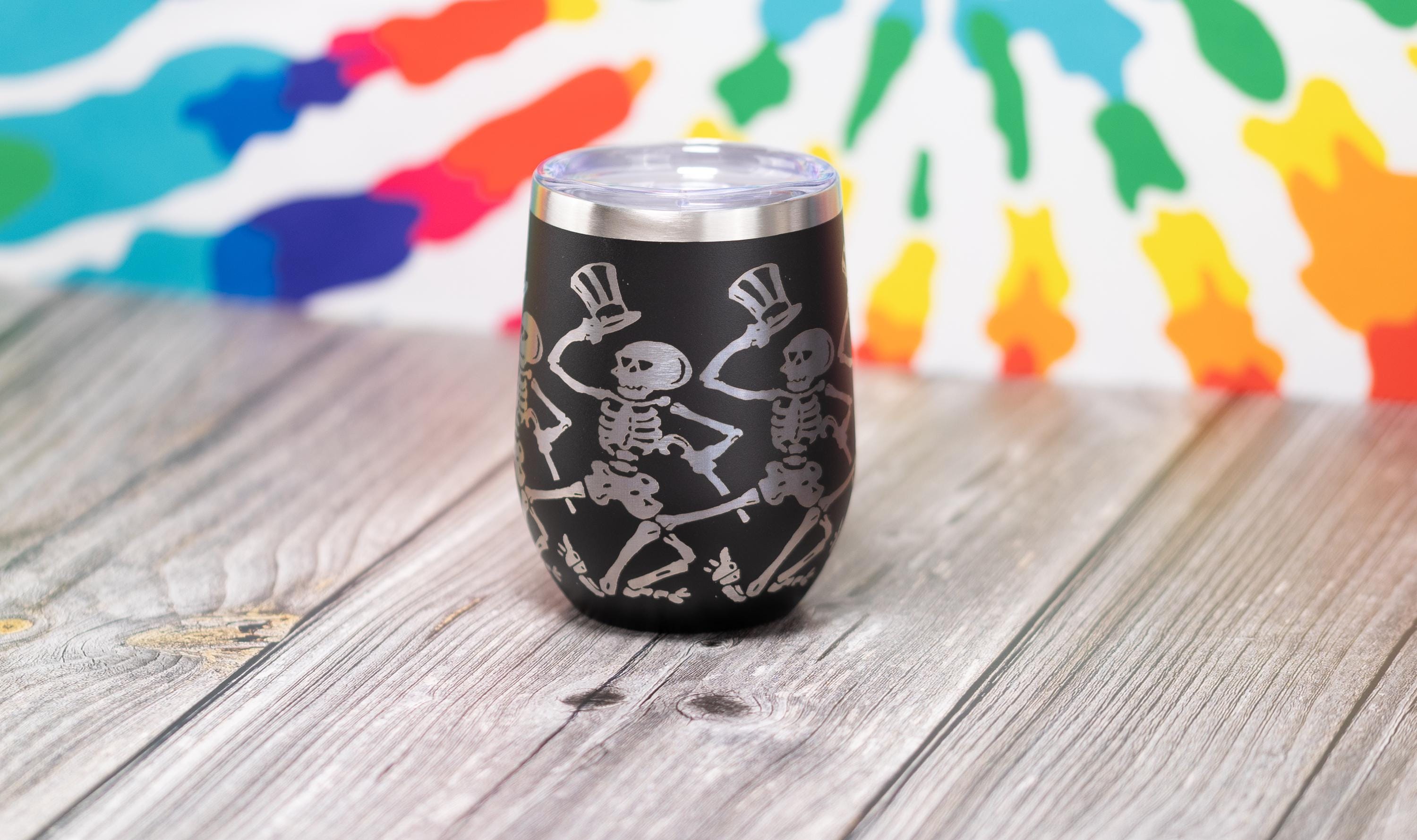 Dancing Skeleton Wine Tumbler - Laser Engraved, Double Wall Vacuum Cup, Custom Color