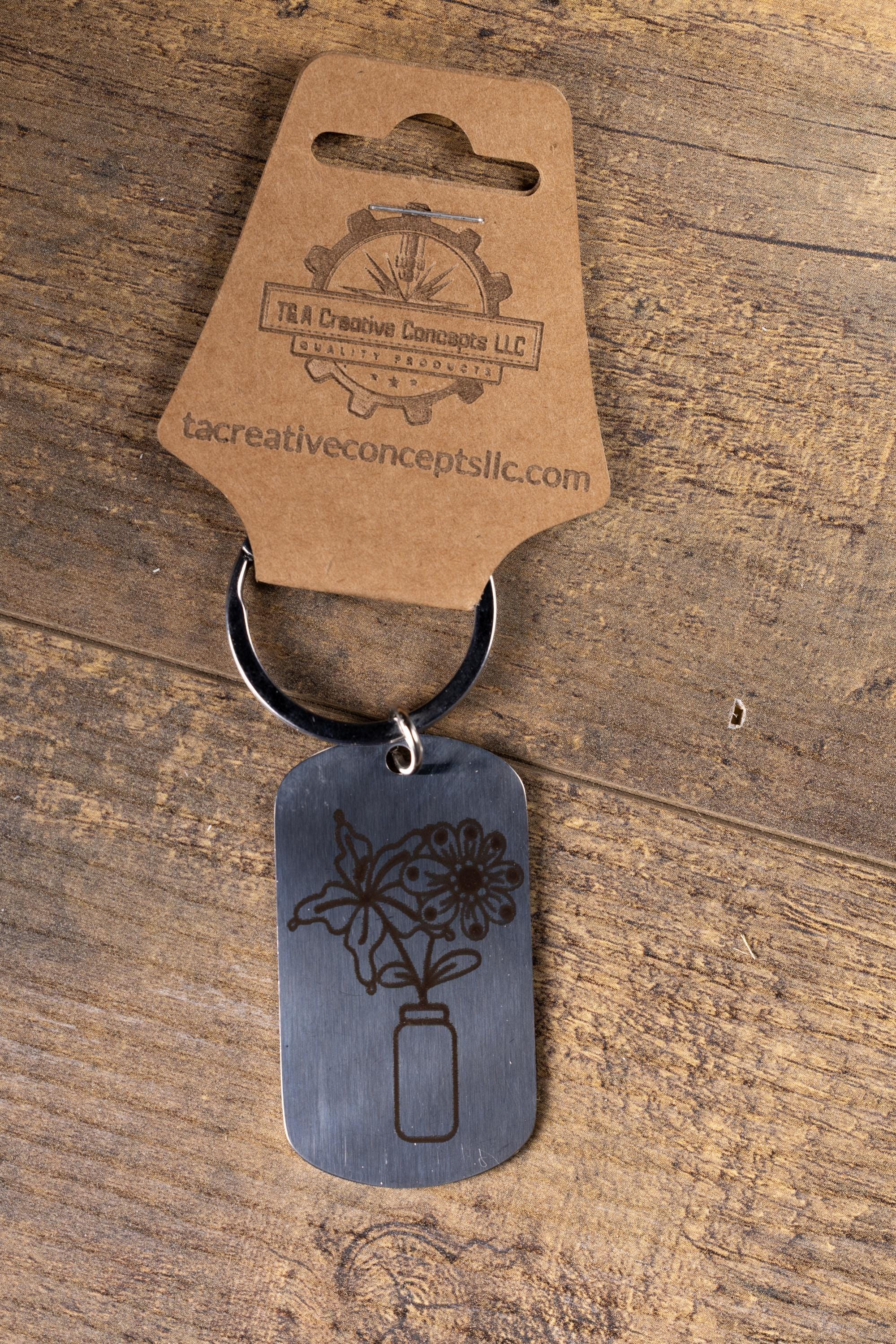 Floral Vase Keychain – Stainless Steel Engraved Floral Keepsake Accessory