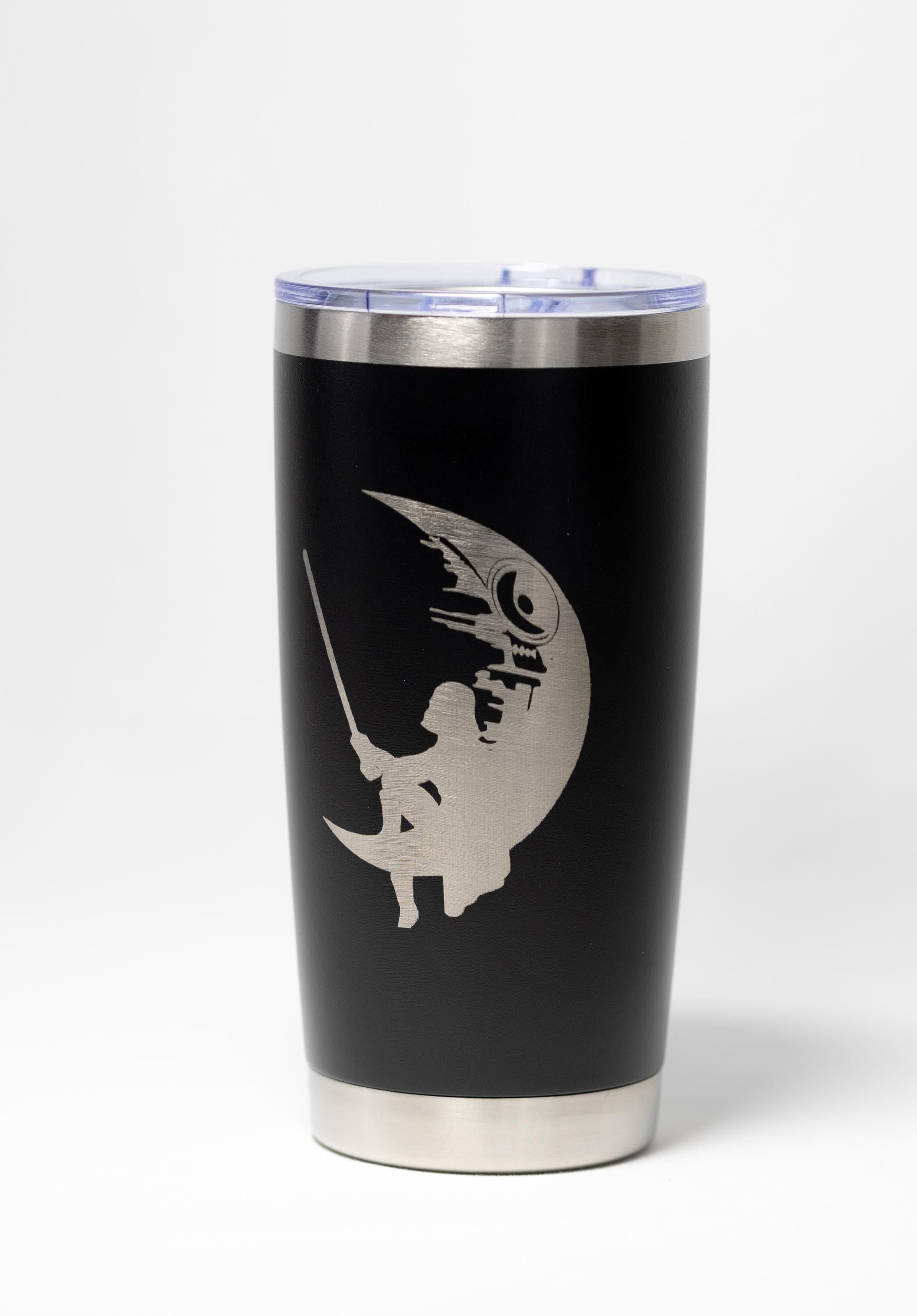 A black tumbler with a silver lid and a silver silhouette of a person holding a sword.
