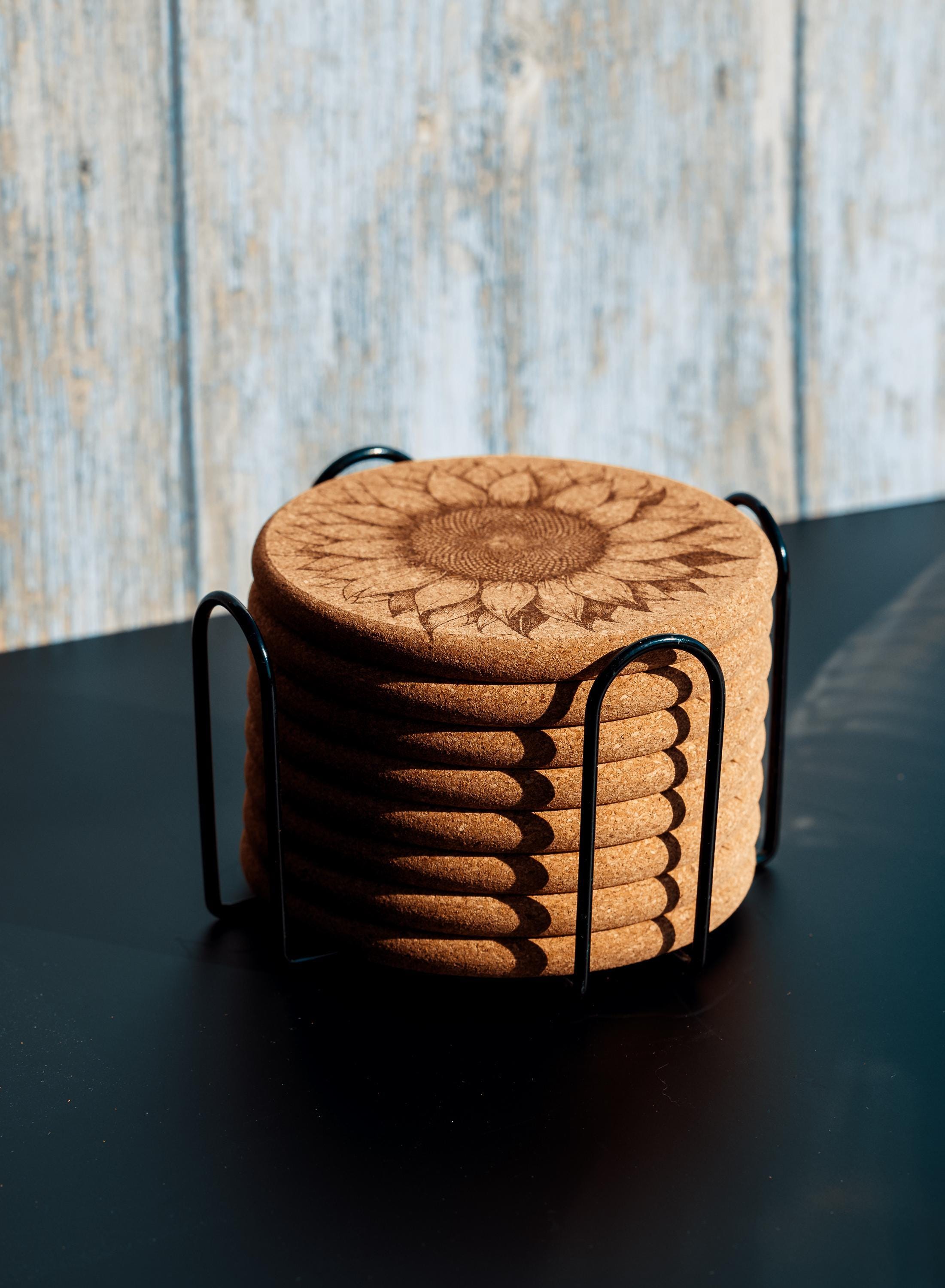 Rustic Cork Coasters - Set of 8 Sunflower Drink Set with Natural Cork Holder