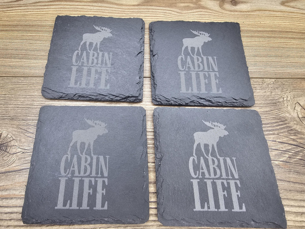 Rustic Slate Coasters – Cabin Life Coasters Set of 4 with Furniture Protection Pads