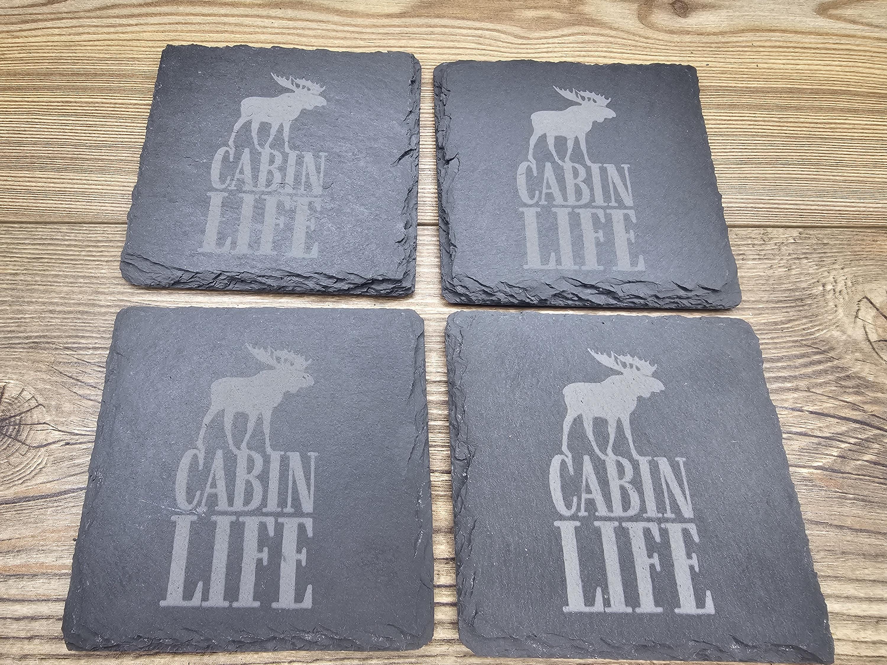 Rustic Slate Coasters – Cabin Life Coasters Set of 4 with Furniture Protection Pads