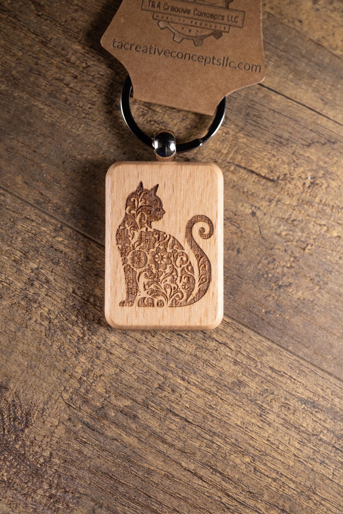 Cat Keychain – Handmade Hardwood Bag Charm with Laser Engraved Wood Design