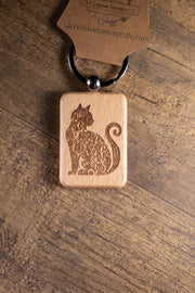 Cat Keychain – Handmade Hardwood Bag Charm with Laser Engraved Wood Design