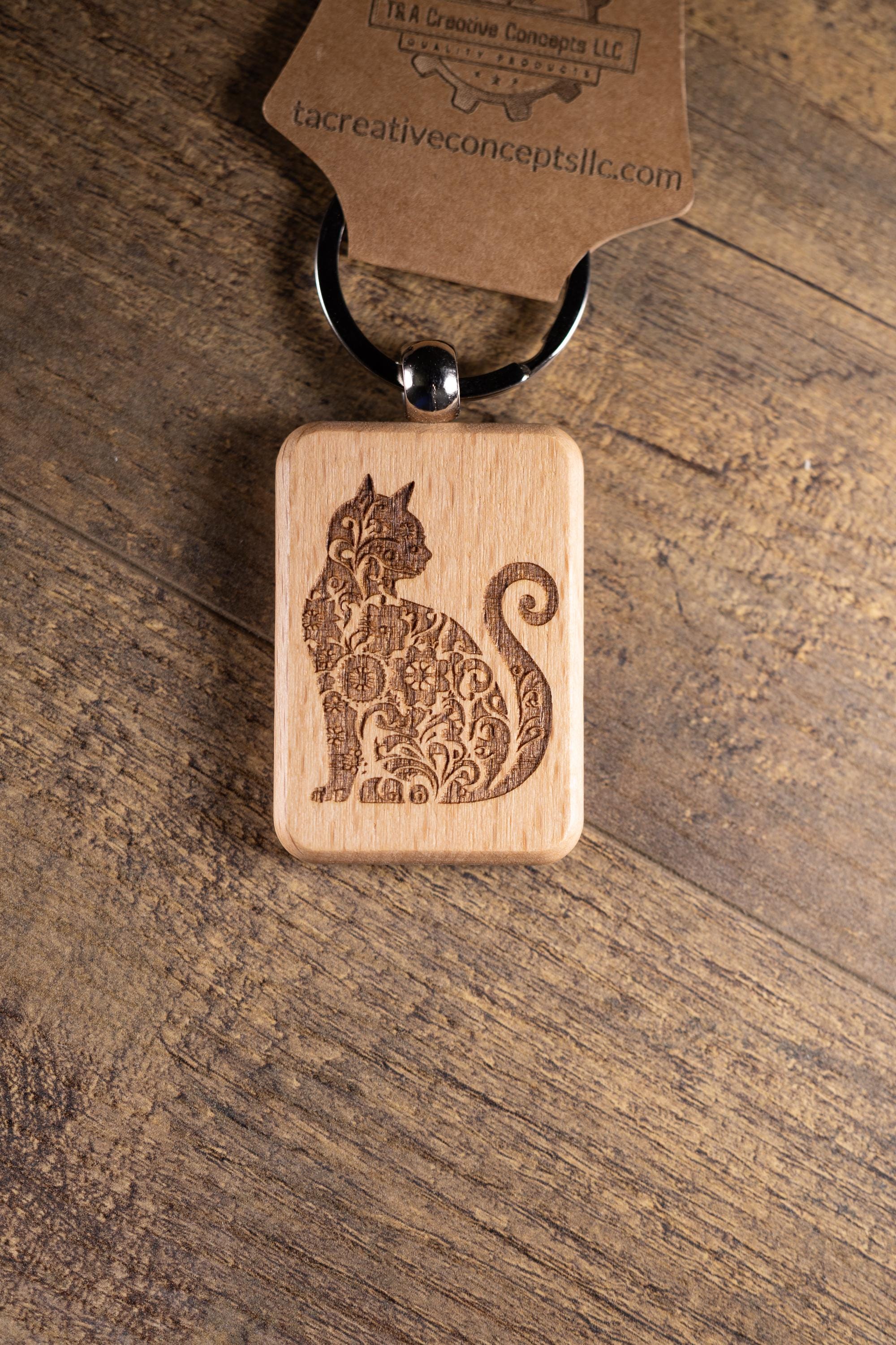 Cat Keychain – Handmade Hardwood Bag Charm with Laser Engraved Wood Design