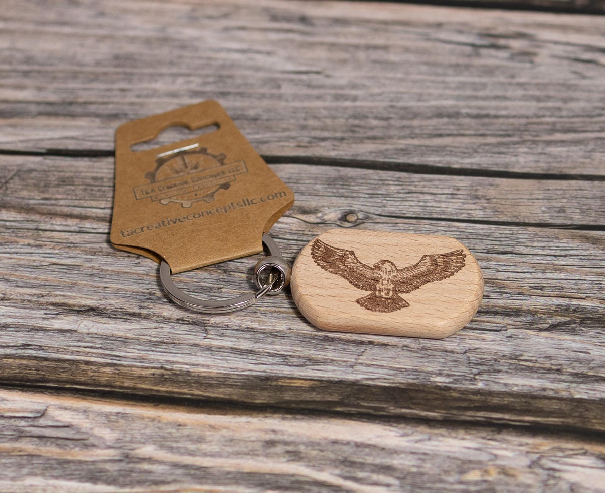 Eagle Keychain Wood - Laser Engraved Rustic Hardwood Charm with Stainless Steel Hardware