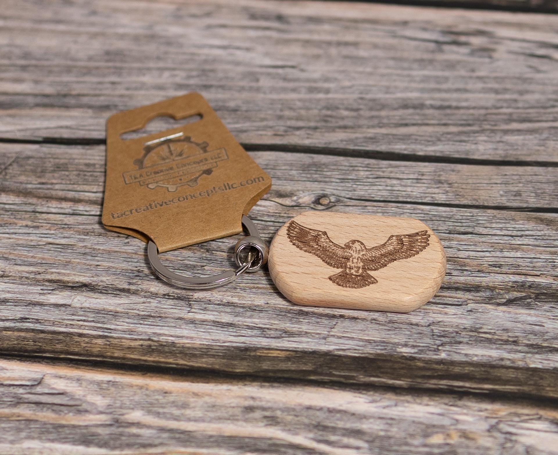Eagle Keychain Wood - Laser Engraved Rustic Hardwood Charm with Stainless Steel Hardware