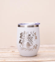 Wine Tumbler - Stainless Steel Cup With Spill Proof Lid & Laser Engraved Grape Design