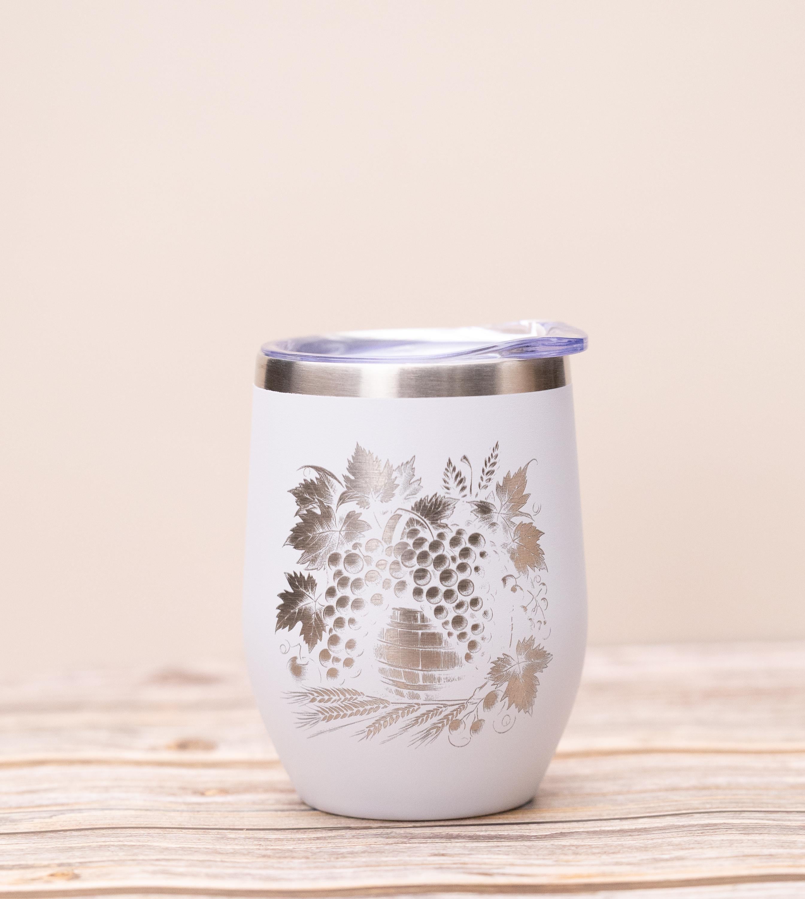 Wine Tumbler - Stainless Steel Cup With Spill Proof Lid & Laser Engraved Grape Design