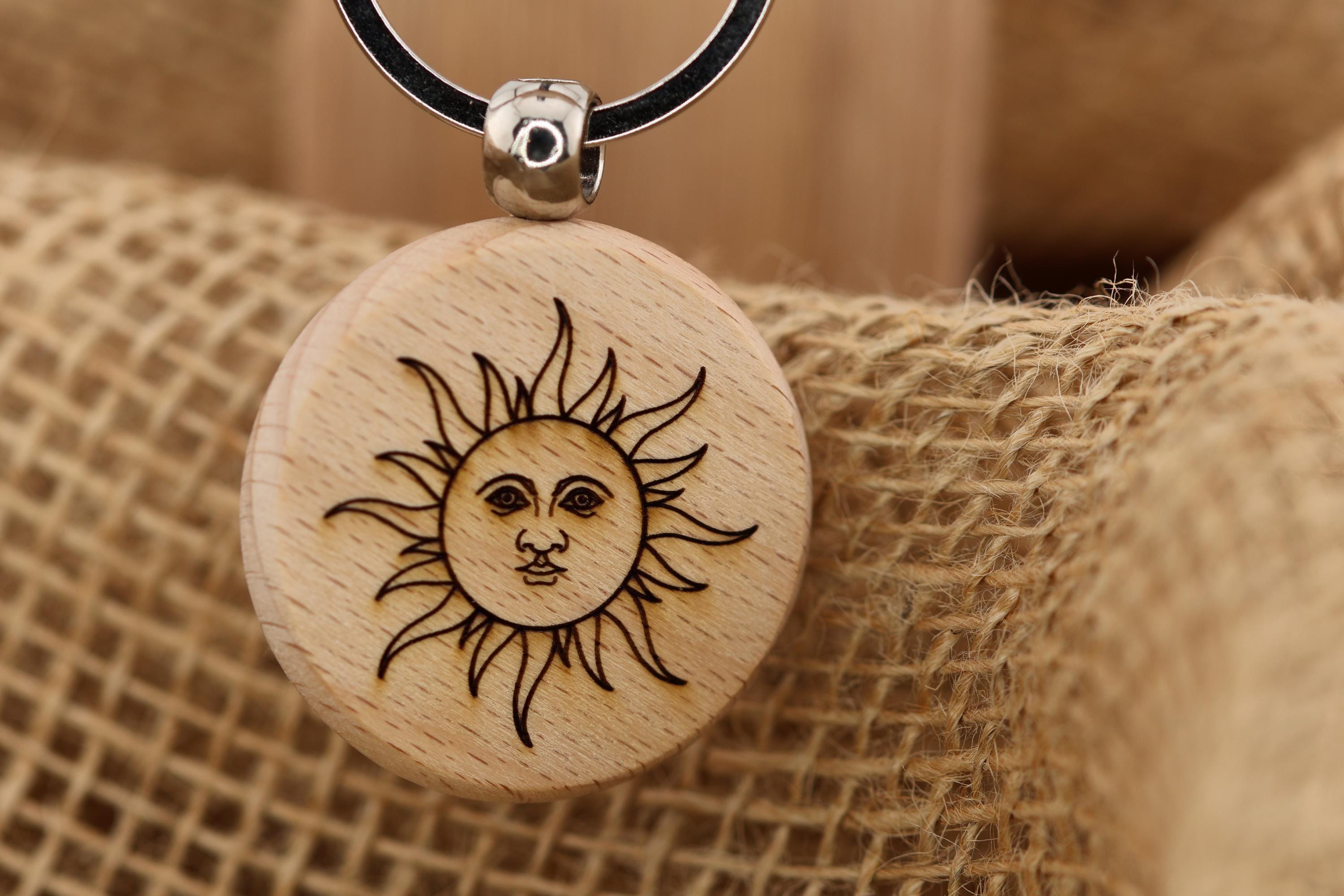 Mystical Sun Keychain - Double Sided Laser Engraved Hardwood Accessory