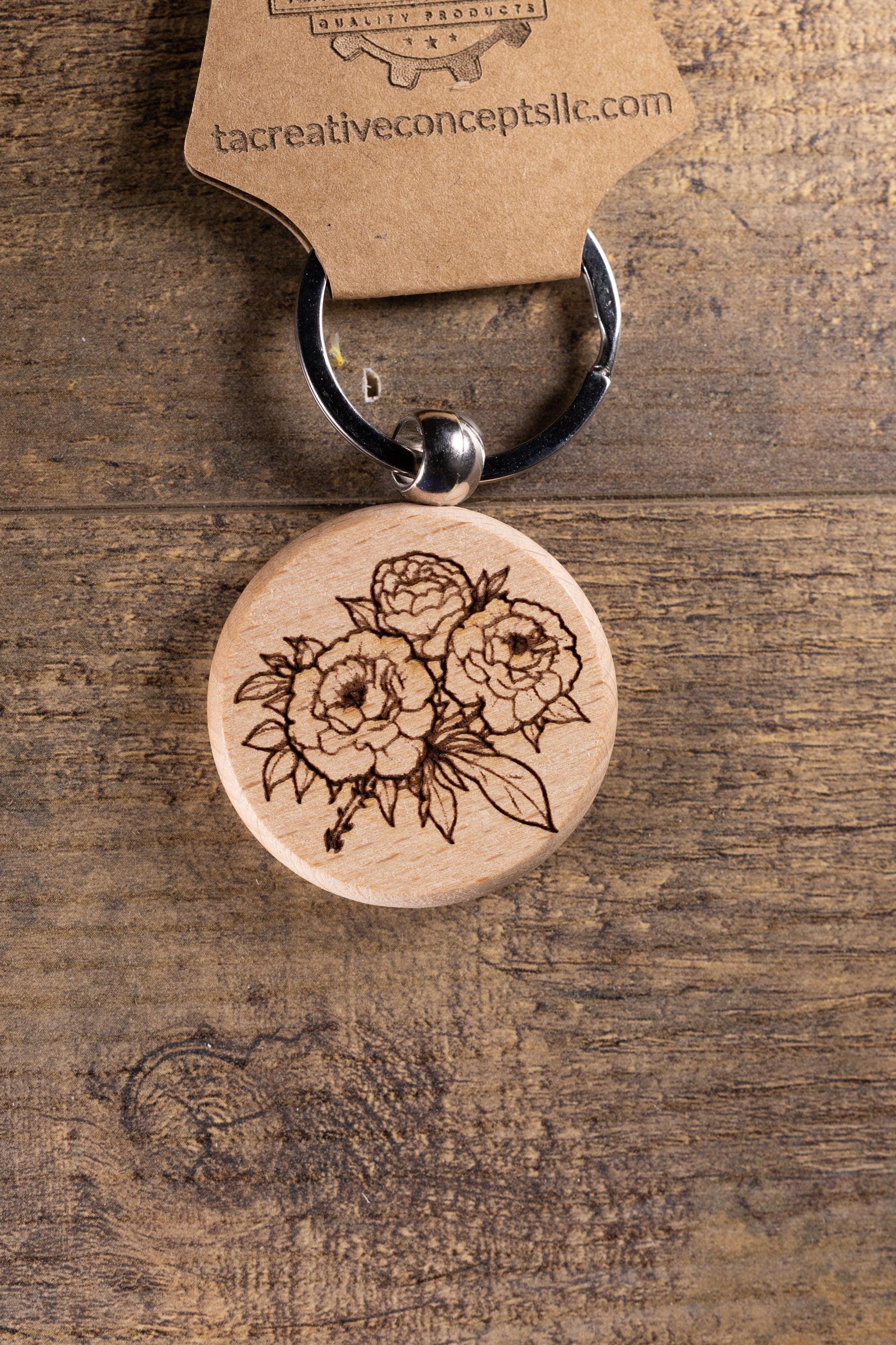 Wood Keychain – Laser Engraved Peony Bouquet Floral Charm | Maple, Cherry, Walnut