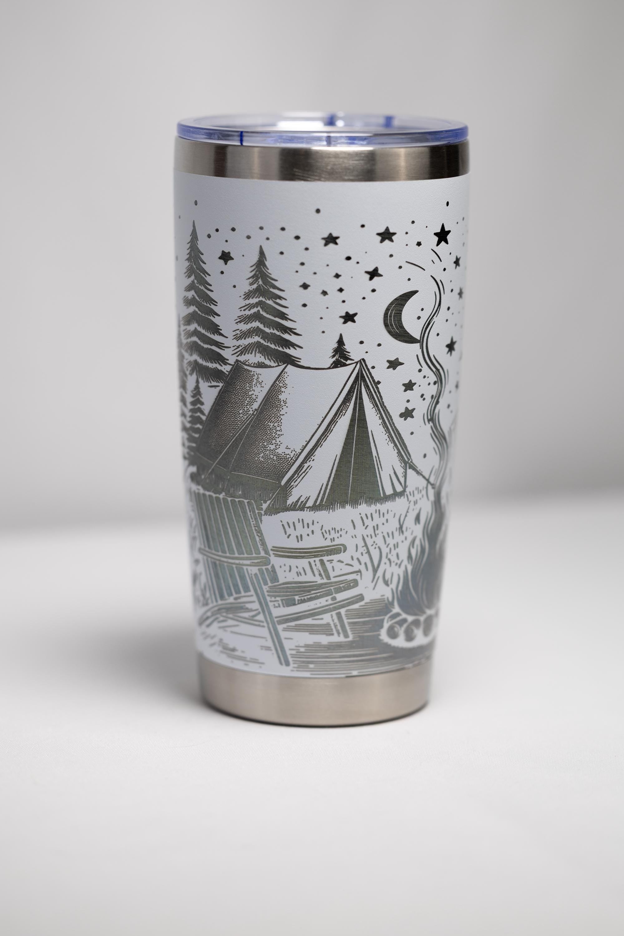 Stainless Steel Tumbler – 20oz Insulated Travel Mug with Engraved Camping Design