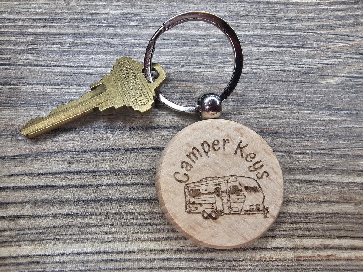 Camper Wood Keychain - Double Sided Design | Natural Hardwood Charm & Rust Resistant Ring