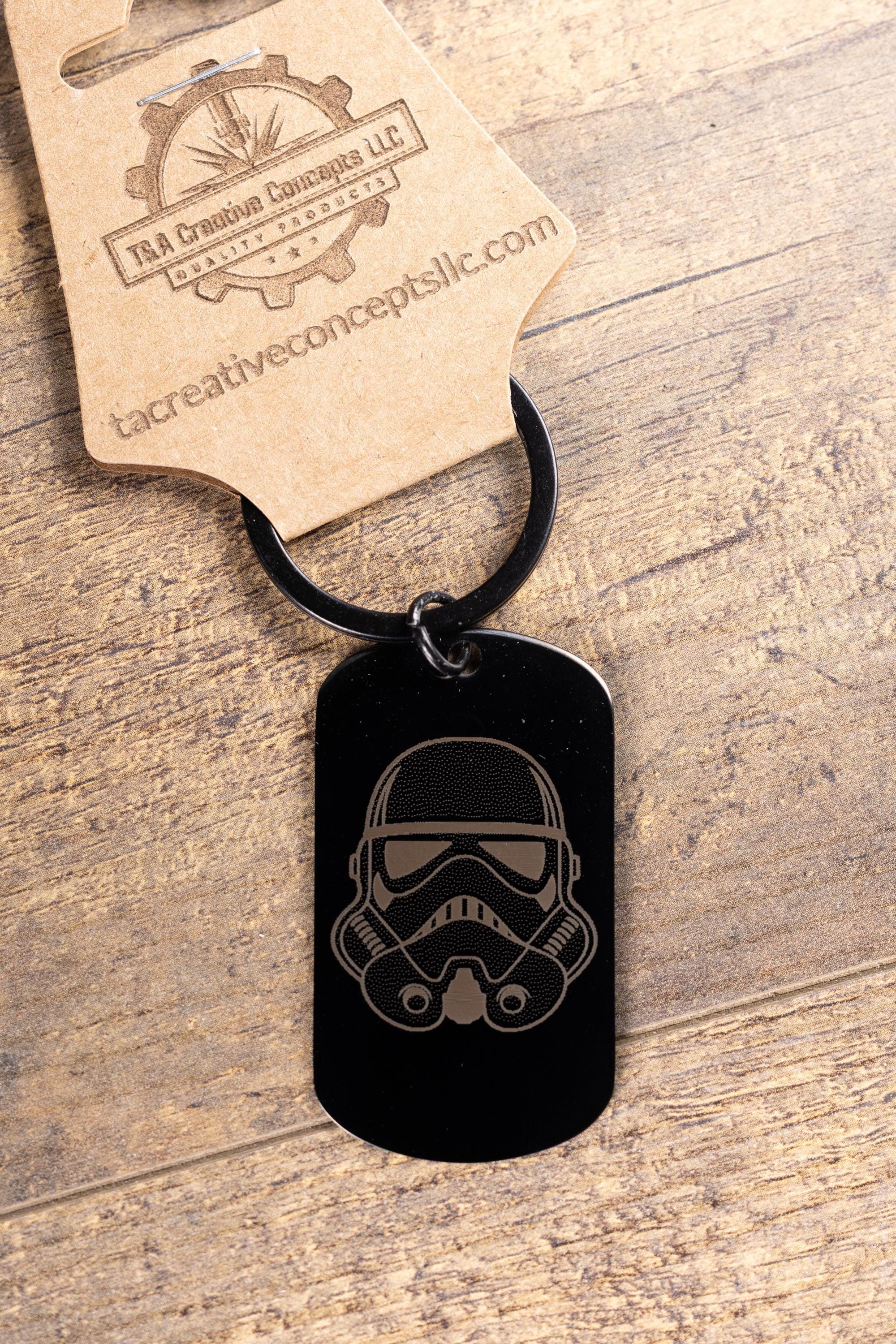 Stormtrooper Keychain - Black Stainless Steel Laser Engraved Helmet Design, Matte Finish