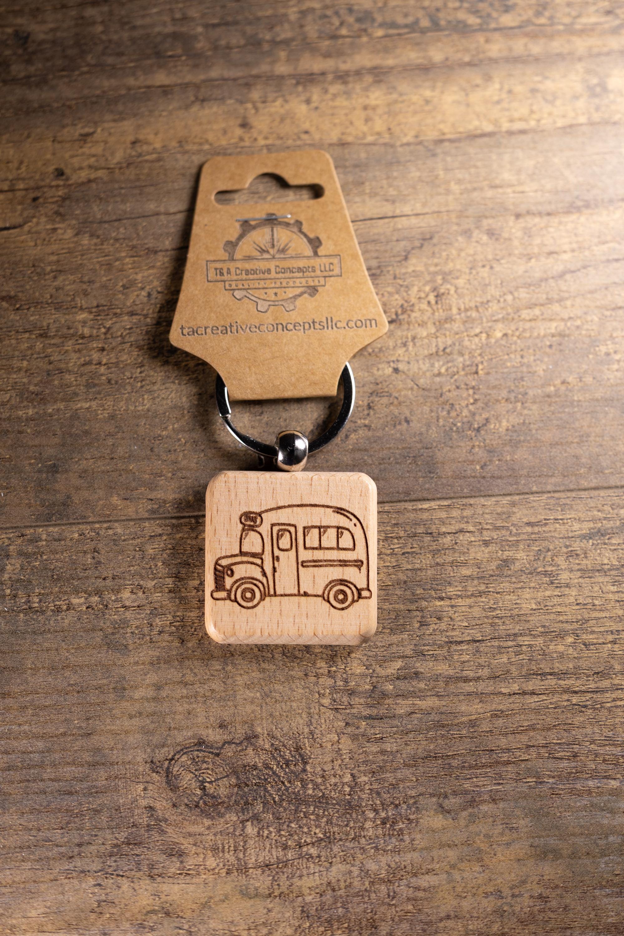 School Bus Keychain - Handmade Solid Wood Charm With Stainless Steel Ring