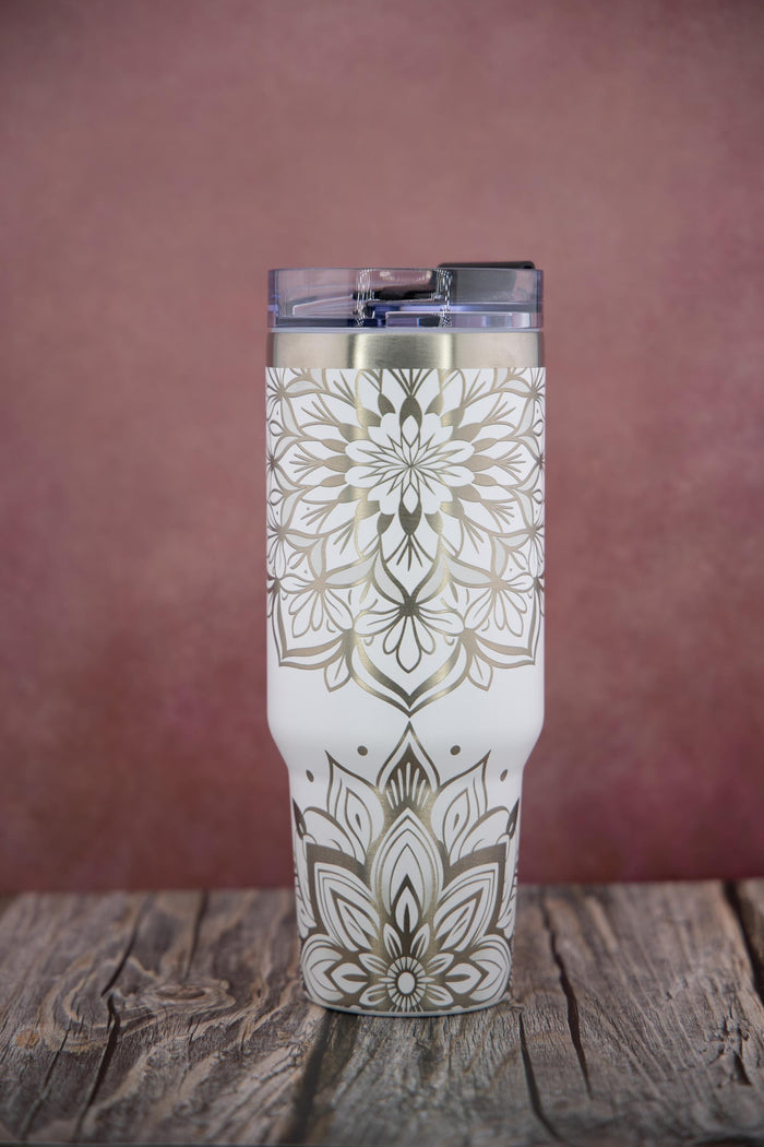 Mandala Travel Tumbler – Laser Engraved 40oz Insulated Cup With Double Wall Insulation