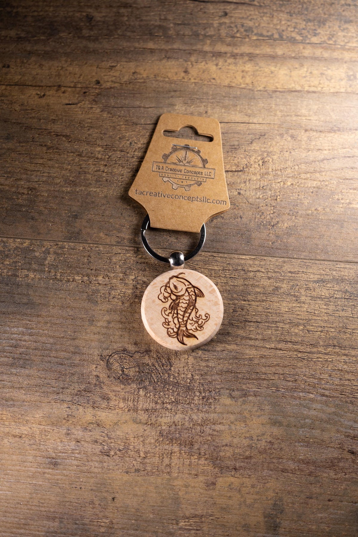 Koi Fish Keychain – Laser Engraved Hardwood With Stainless Steel Ring, Natural Finish