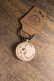 Wooden Moon Keychain – Laser Engraved Celestial Charm with Stainless Steel Hardware