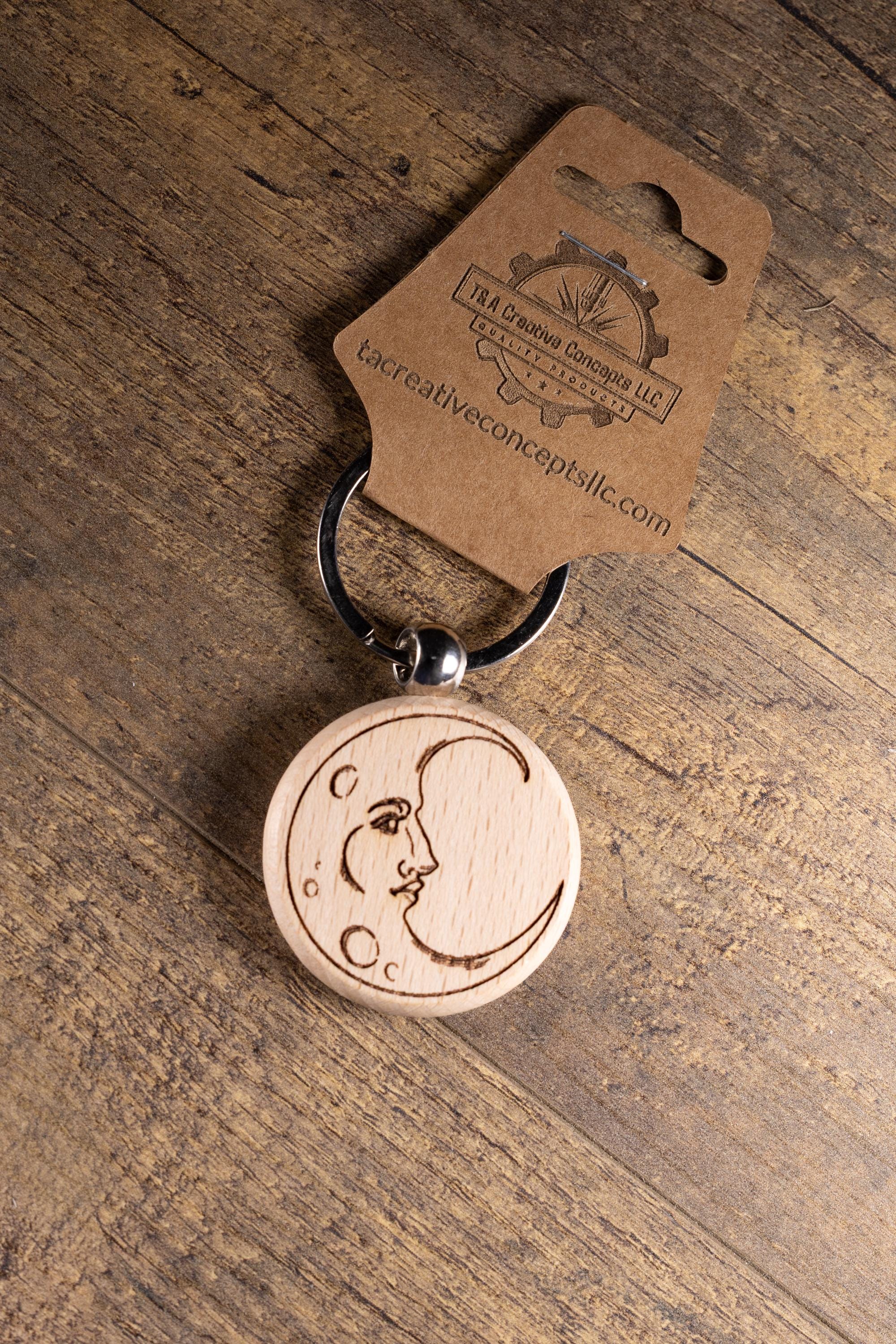 Wooden Moon Keychain – Laser Engraved Celestial Charm with Stainless Steel Hardware