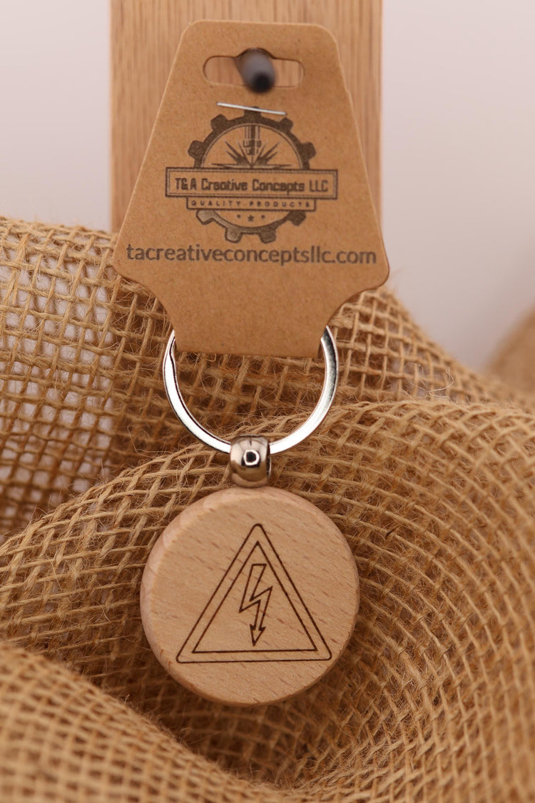 Electrical Shock Hazard Keychain – Laser Engraved Hardwood Bag Charm with Stainless Steel Ring