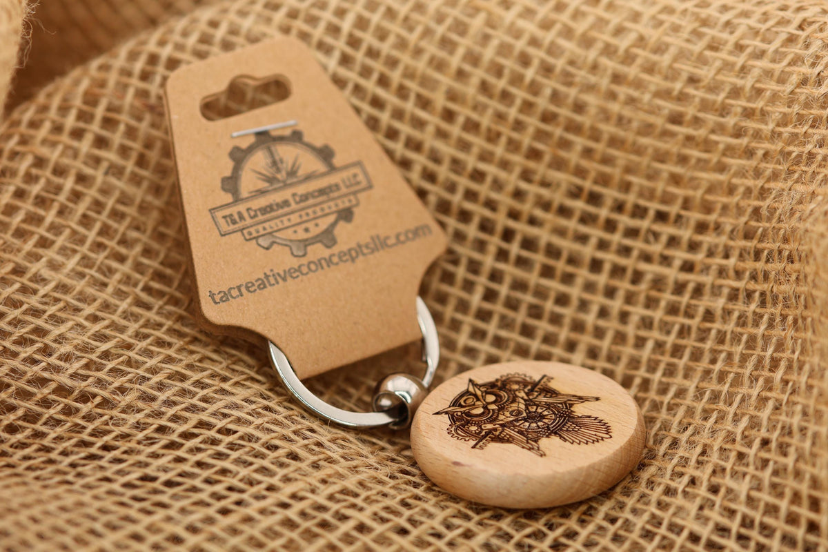 Steampunk Owl Keychain – Double Sided Charm | Engraved Hardwood Keepsake