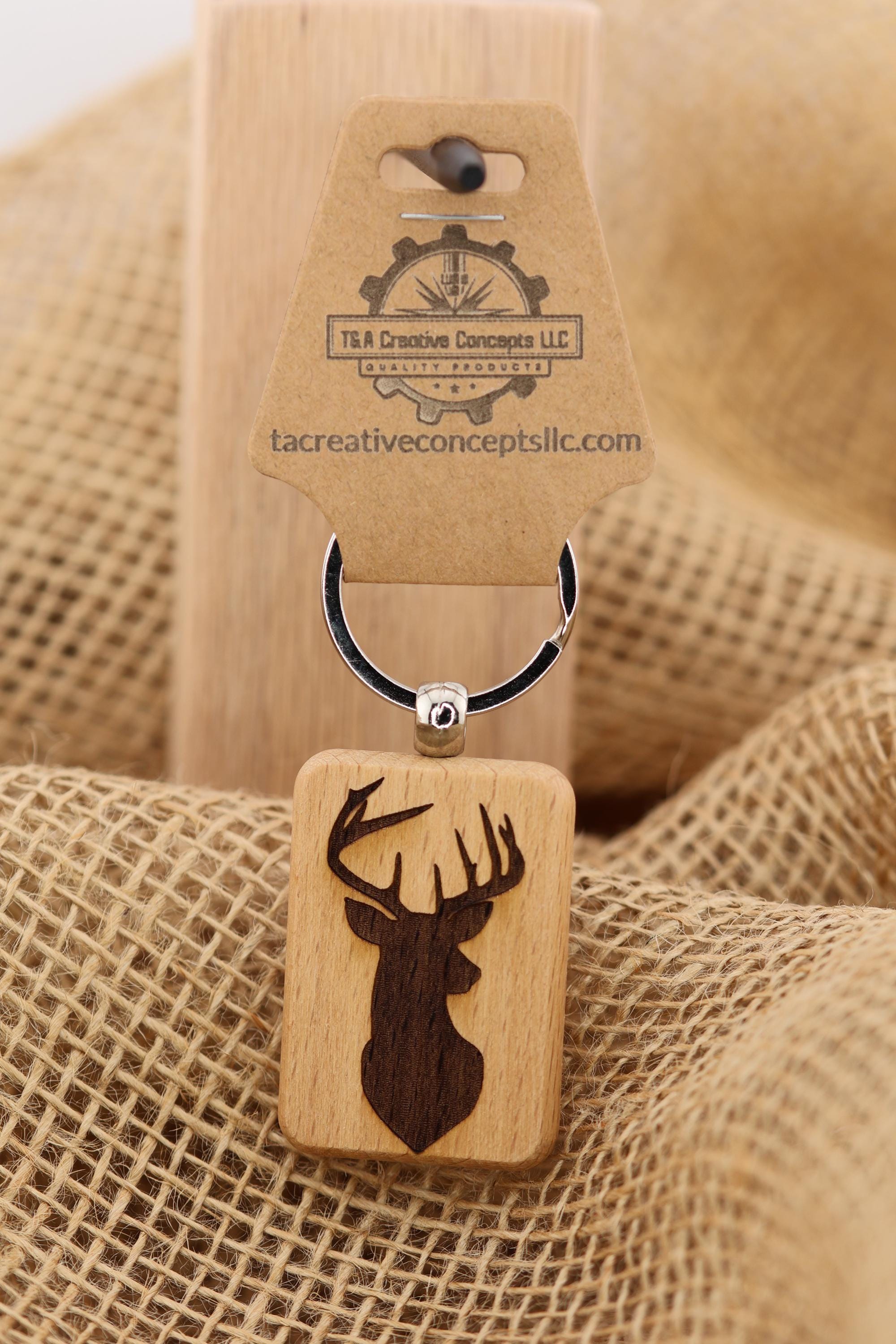 Buck Silhouette Keychain - Hardwood Laser Engraved Double Sided With Stainless Steel Ring