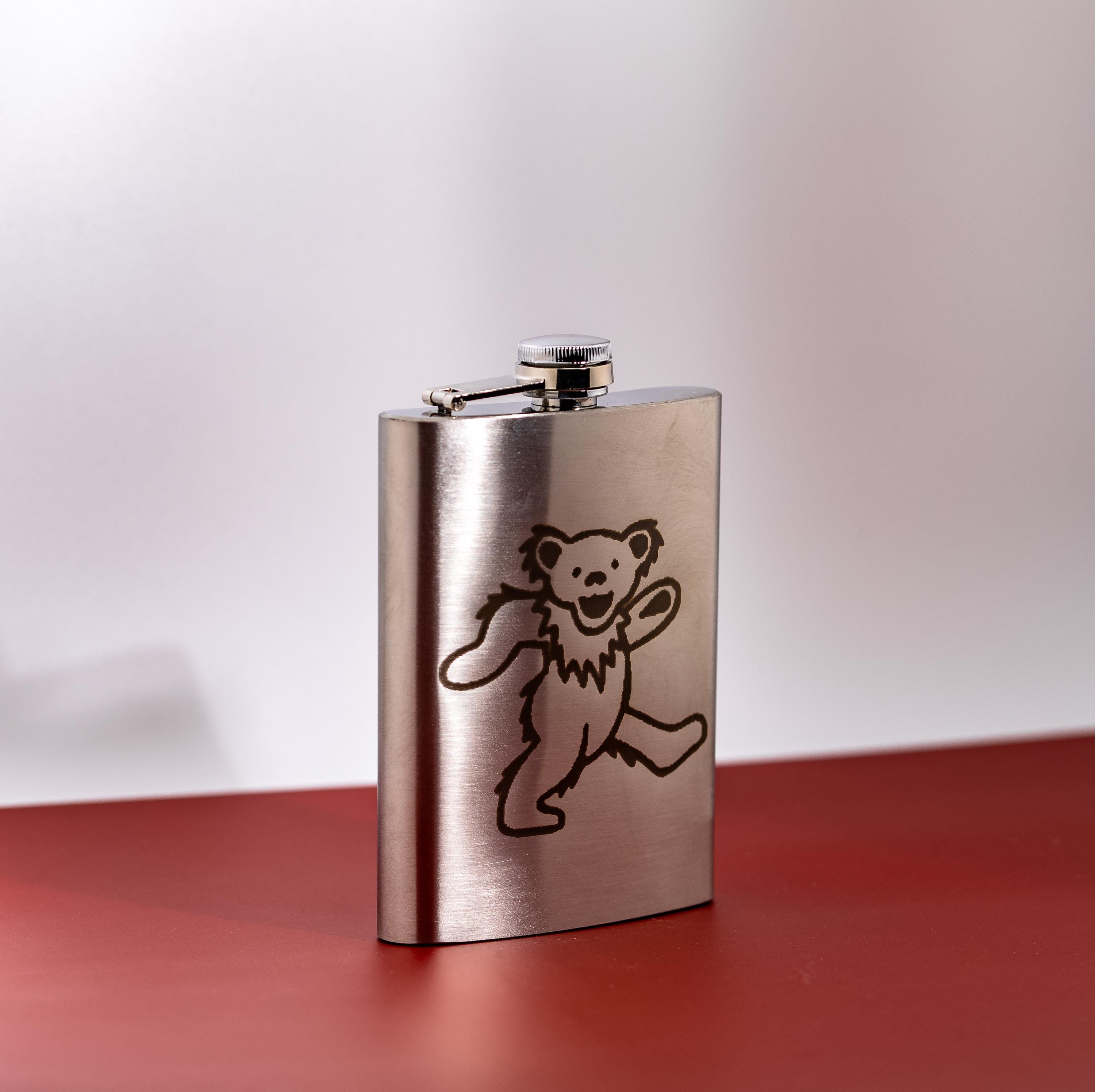 Engraved Grateful Dead Flask – 8oz Stainless Steel Dancing Bear Design, Leak-Proof
