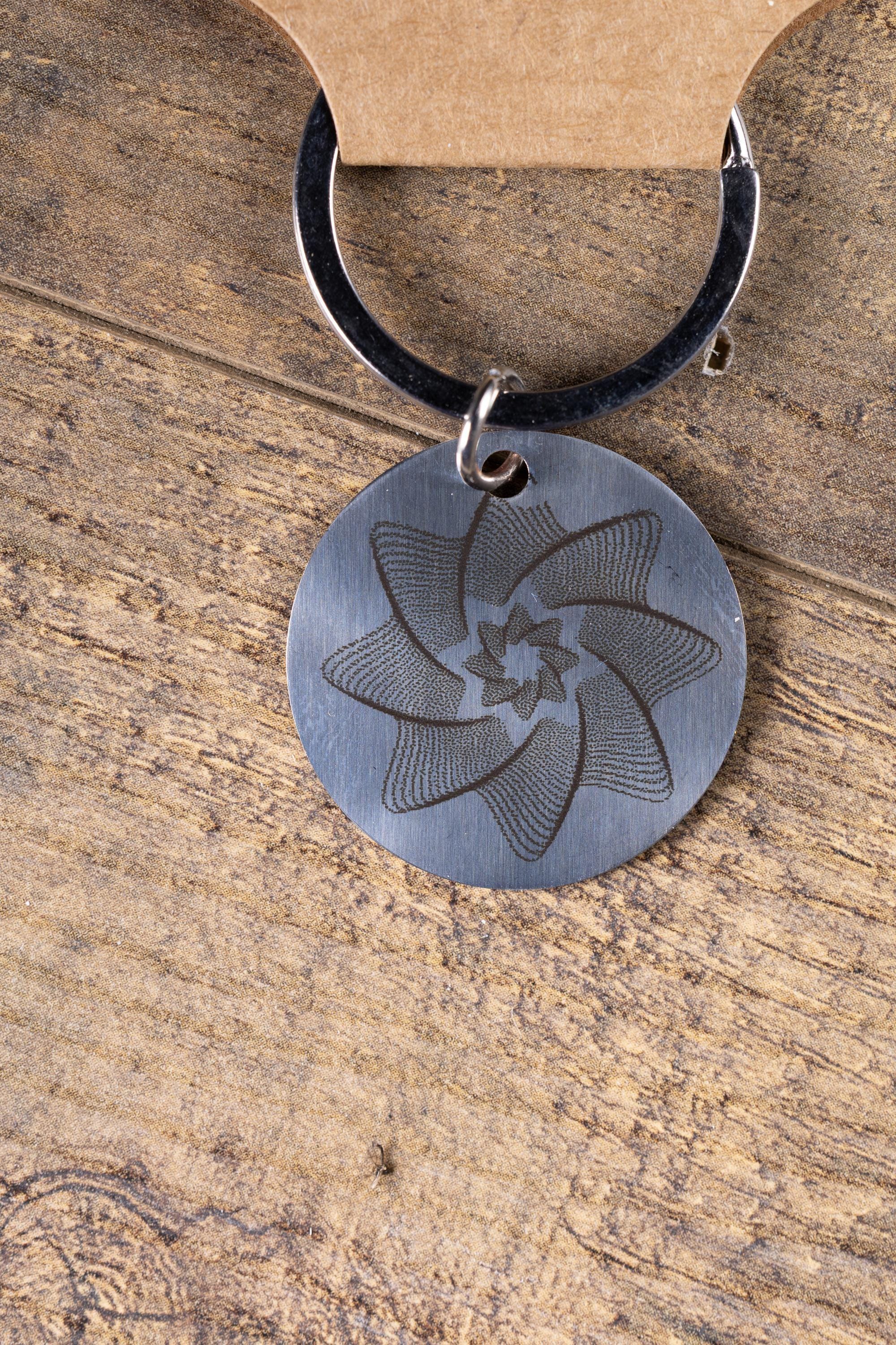 Polished Stainless Steel Keychain - Geometric Star Design with Laser Engraved Spiral Line