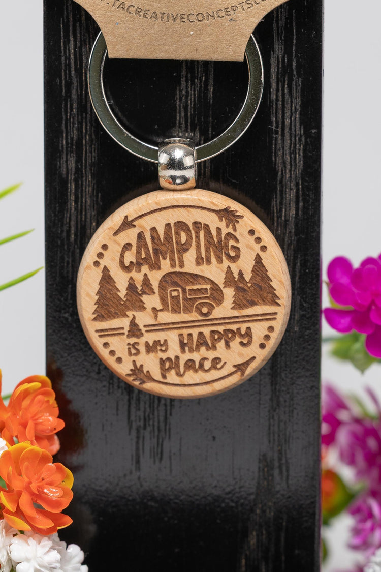 Wooden Camping Keychain – Double Sided Laser Engraved Rustic Outdoor Key Ring