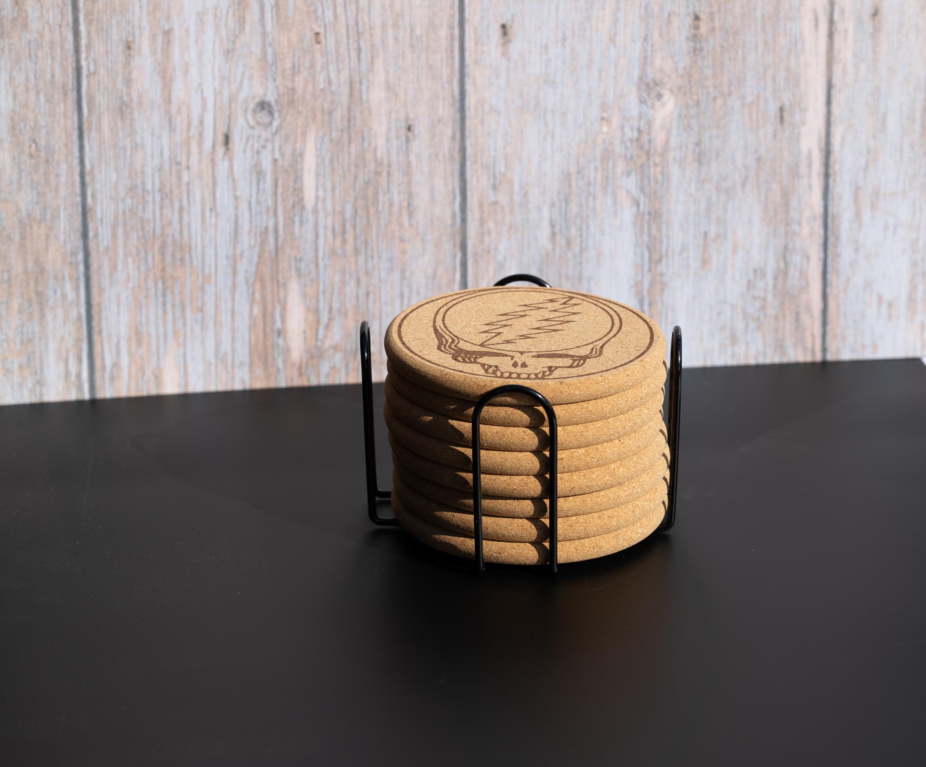 Grateful Dead Coasters – Natural Cork Set with Steal Your Face Design & Holder