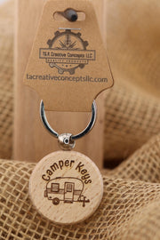 Wood Camper Keychain – Laser Engraved Double Sided Hardwood Keychain with Rust Resistant Ring