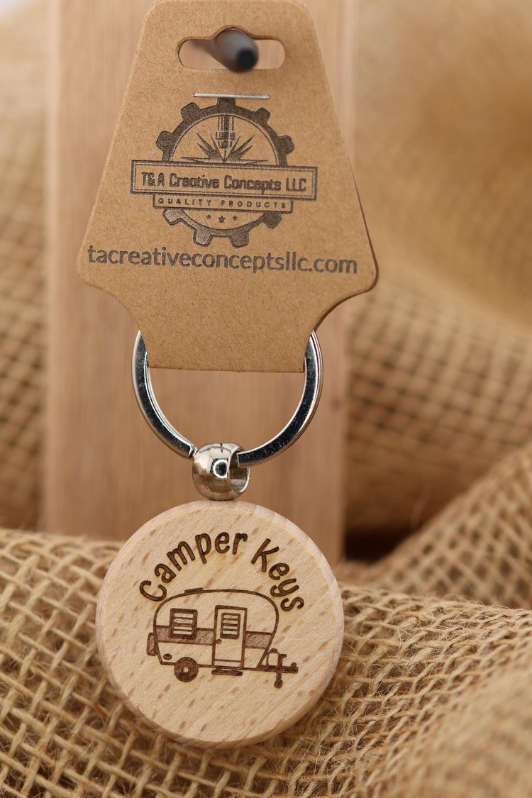 Wood Camper Keychain – Laser Engraved Double Sided Hardwood Keychain with Rust Resistant Ring