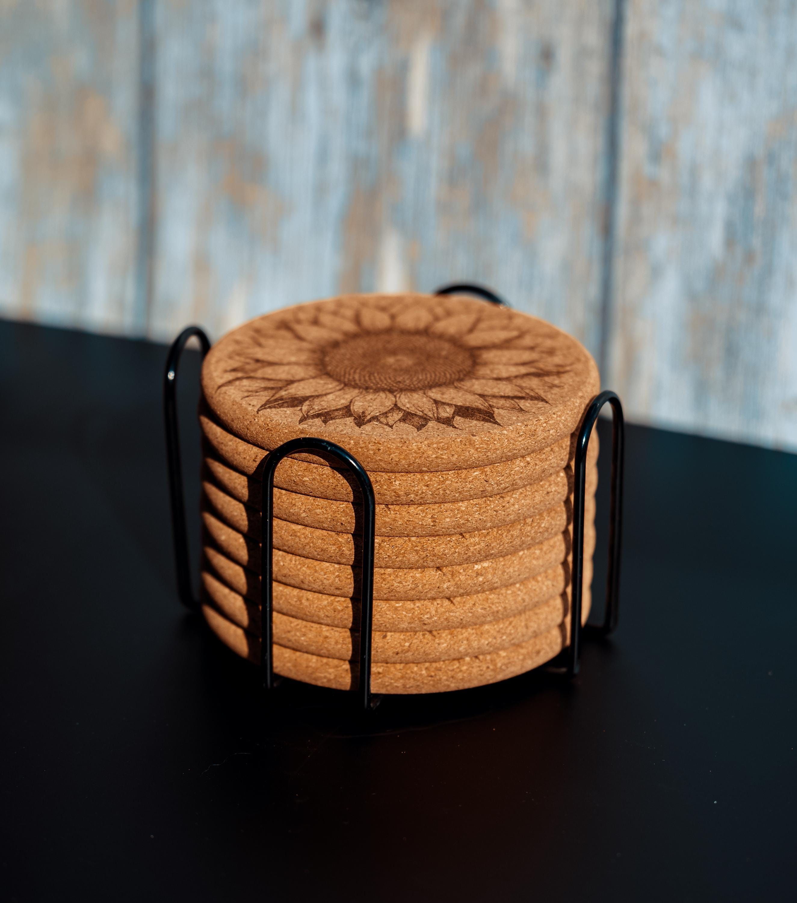 Rustic Cork Coasters - Set of 8 Sunflower Drink Set with Natural Cork Holder