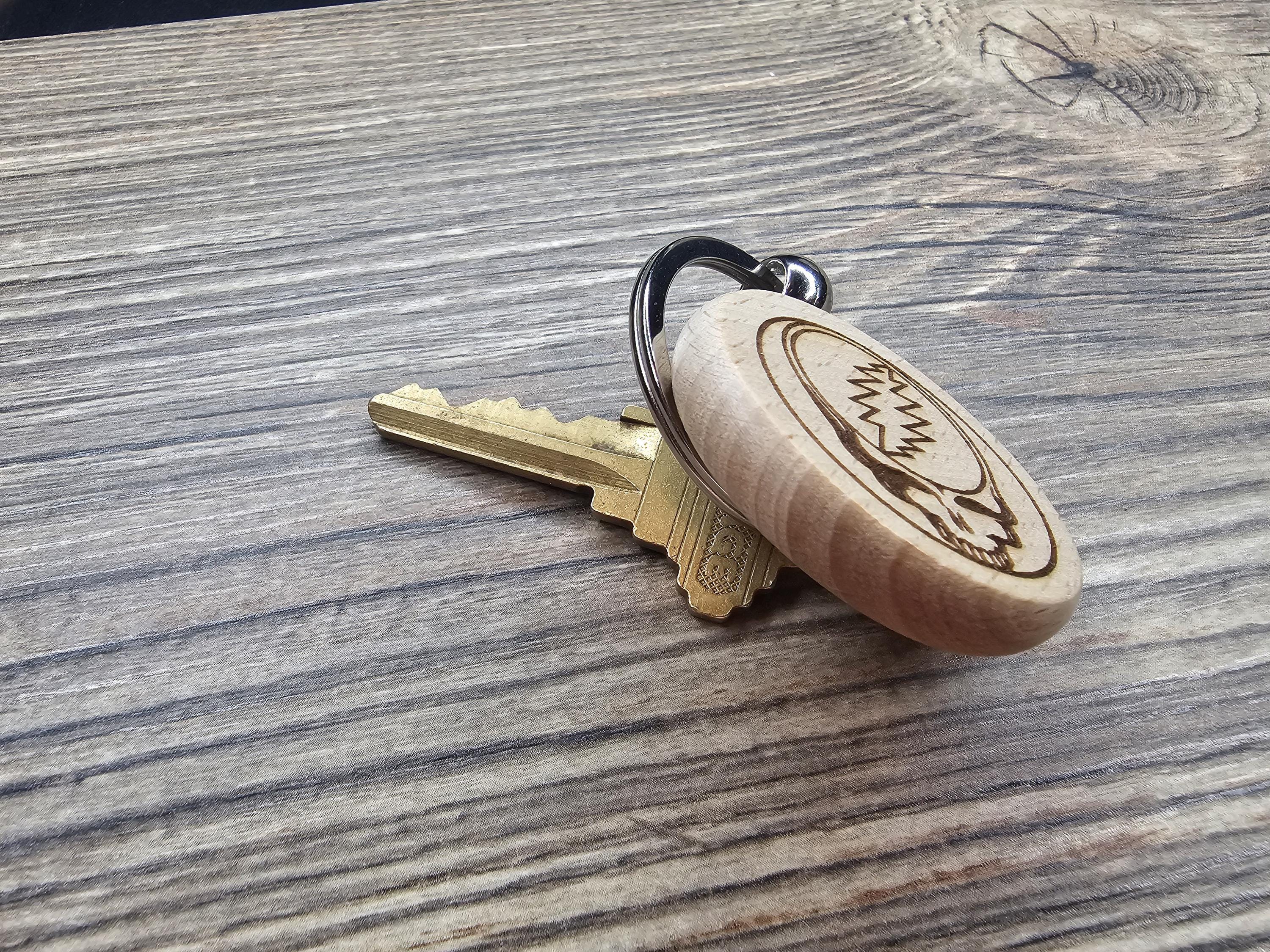 Deadhead Wood Keychain – Double Sided Laser Engraved Steal Your Face Logo Charm
